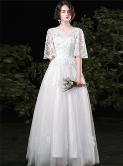 White Tulle Lace Short Sleeve Wedding Dress